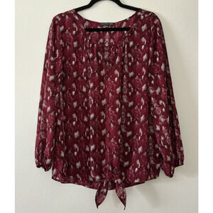 West Kei Womens Top XXL Burgundy Geometric Print Knot Tie Waist Balloon Sleeve